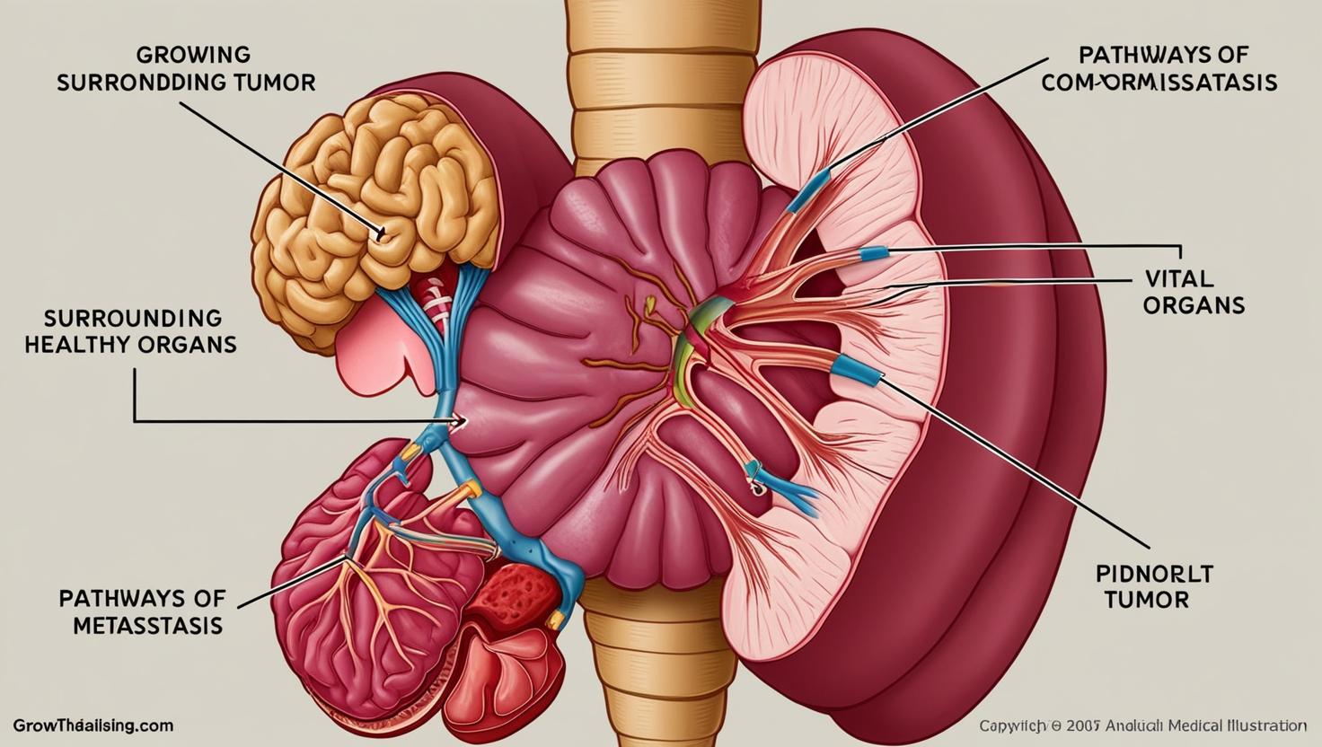 Khi khoi u phat trien no co the chen ep cac co quan xung quanh va di can sang cac bo phan khac trong co the