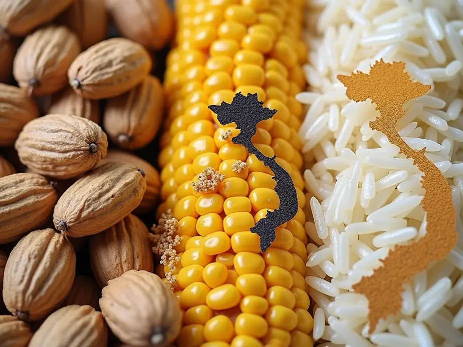 Illustration of a human liver with overlaid images of moldy grains, representing aflatoxin impact in Vietnam.