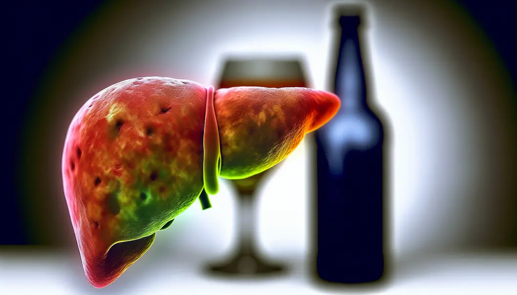 A photo showing a liver next to a glass of alcohol, symbolizing the harmful effects of drinking.